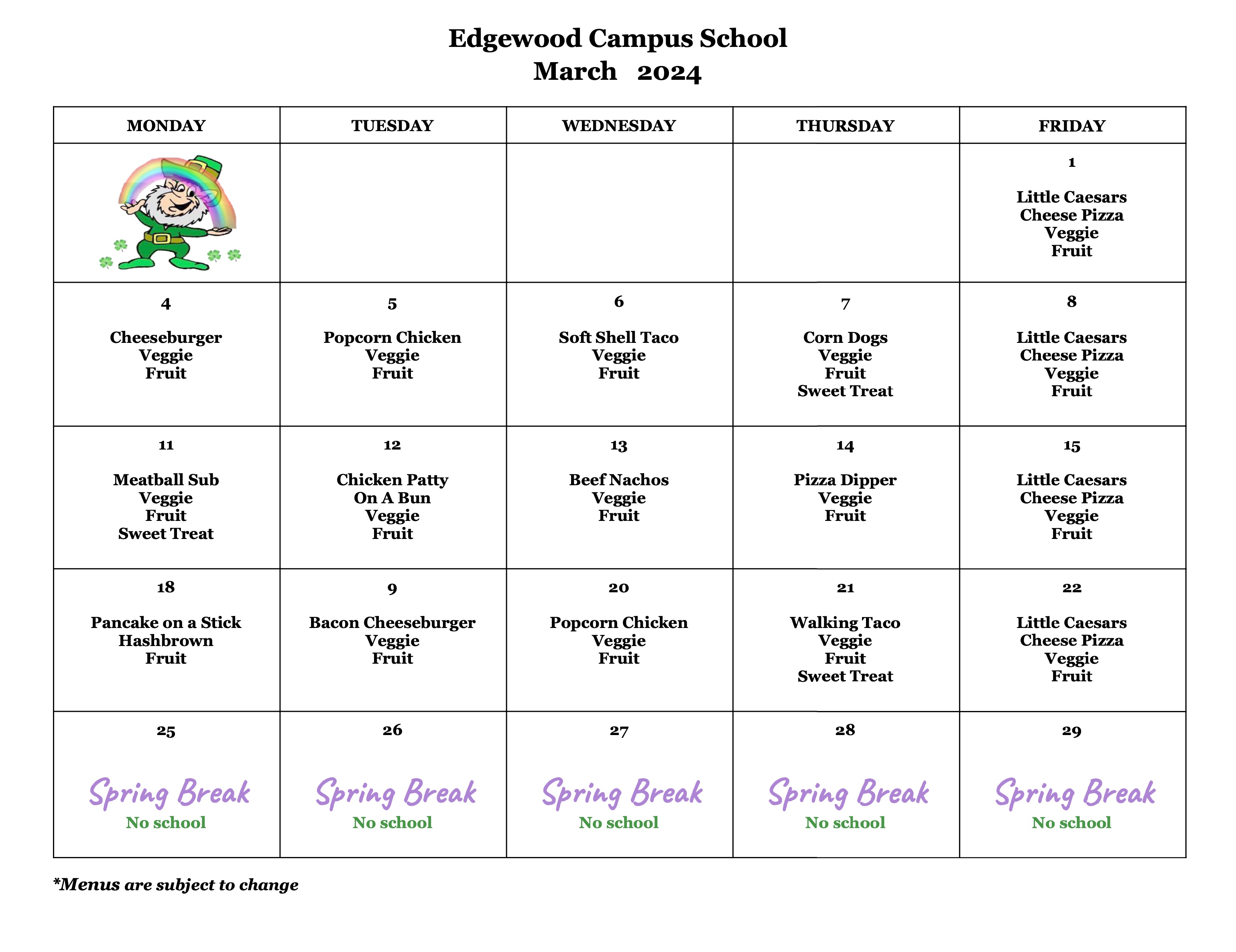 Monthly Lunch Calendar - Edgewood Campus School